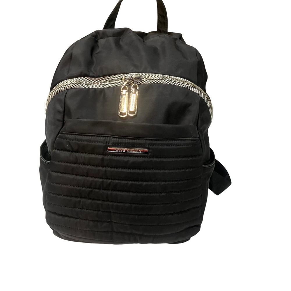 Steve Madden Black Nylon Backpack B-SALLY Logo Straps Silver Hardware Womens EUC